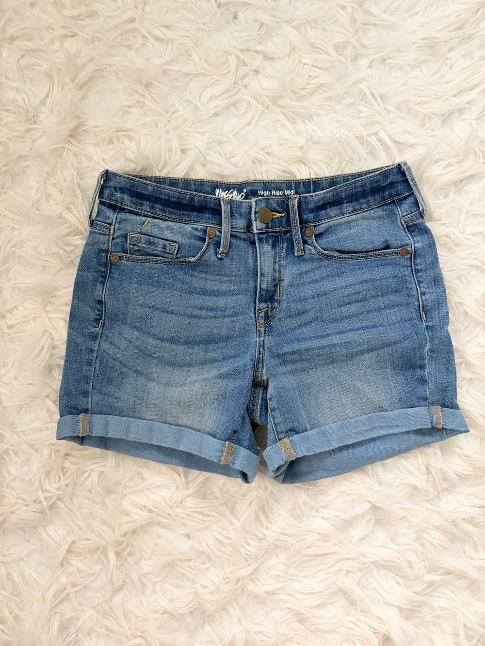 Light Wash High-Rise Midi Denim Shorts